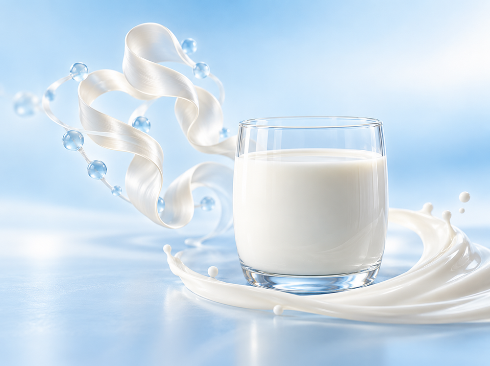 Illustration of a glass of milk with white and blue shapes for Kabrita's A2 milk article.Ilustrasi segelas susu dengan bentuk putih dan biru untuk artikel susu A2 Kabrita.