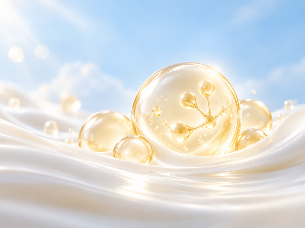 Gold droplets and spheres above a milk splash, illustrating beta-palmitate.Titisan dan sfera emas di atas percikan susu, ilustrasi beta-palmitat.