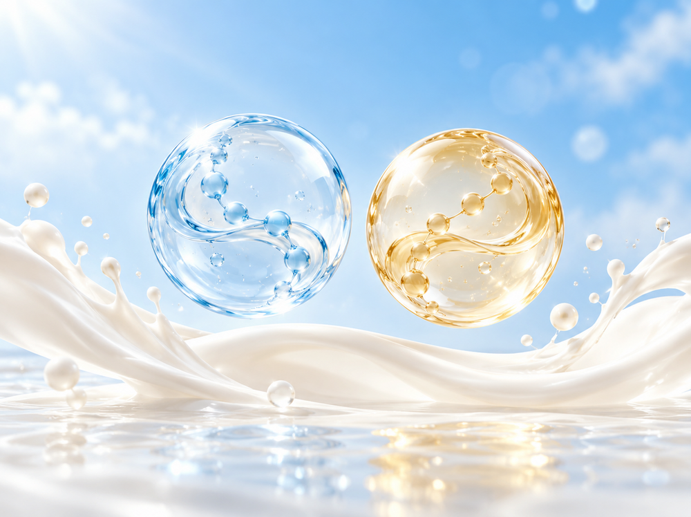 Blue and gold spheres above a milk splash, illustrating an article about DHA and ARA.Sfera biru dan emas di atas percikan susu, ilustrasi untuk artikel tentang DHA dan ARA.