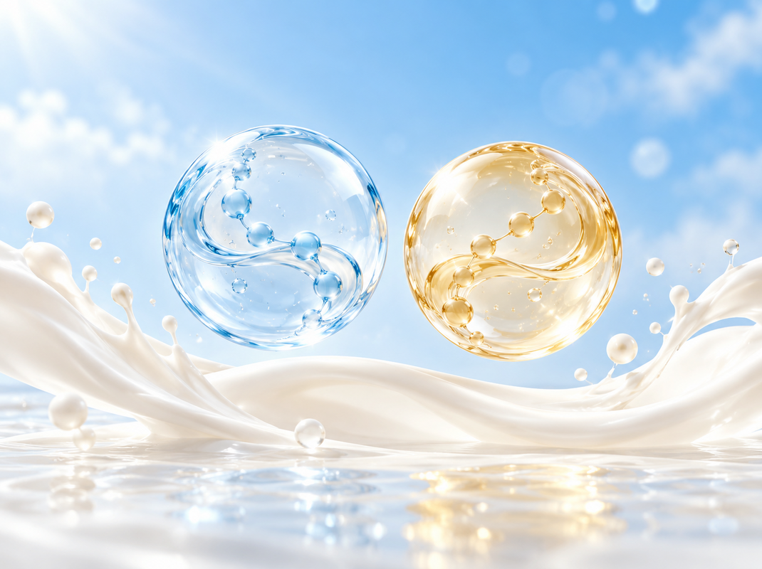 Blue and gold spheres above a milk splash, illustrating an article about DHA and ARA.Sfera biru dan emas di atas percikan susu, ilustrasi untuk artikel tentang DHA dan ARA.