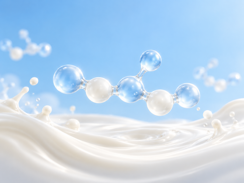 Linked blue and white spheres above a milk splash, illustrating goat milk oligosaccharides.Sfera biru dan putih yang bersambung di atas percikan susu, ilustrasi oligosakarida susu kambing.