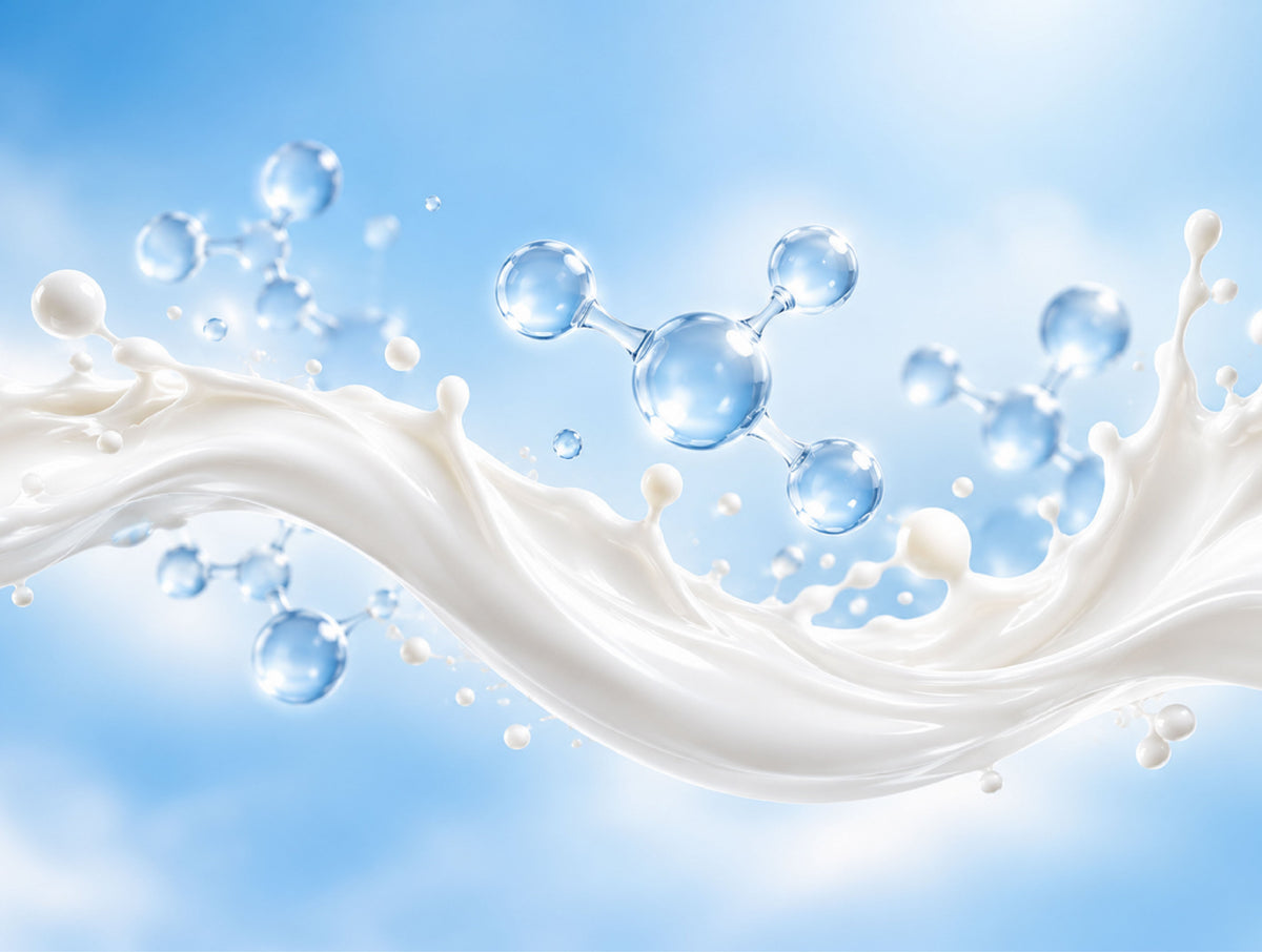 Blue molecular-style shapes above a milk splash, illustrating nucleotides.Bentuk menyerupai molekul berwarna biru di atas percikan susu, ilustrasi nukleotida.