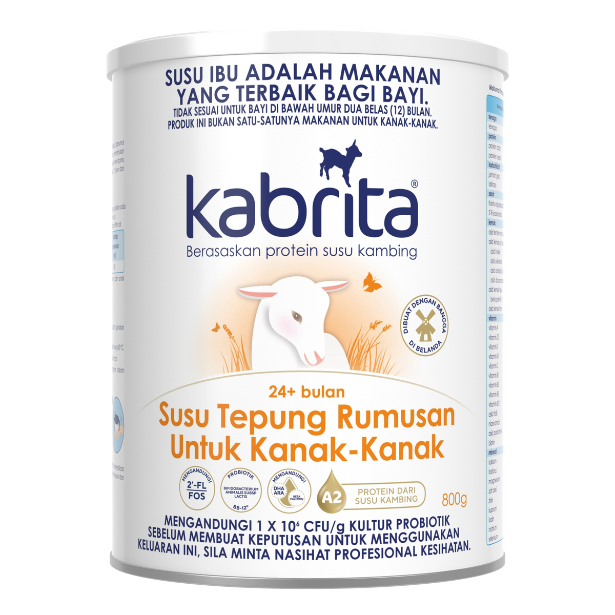 Kabrita Malaysia A2 goat milk formula for children aged 24 months and above, 800g tin, front label.
Rumusan susu kambing A2 Kabrita Malaysia untuk kanak-kanak berumur 24 bulan ke atas, tin 800g, label hadapan.