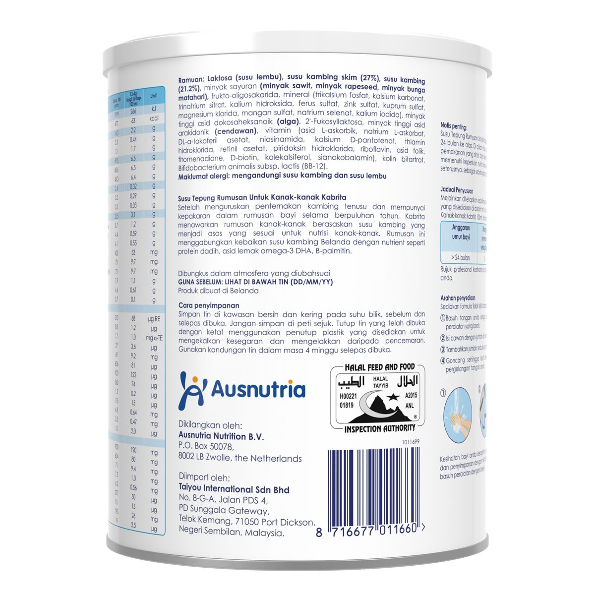 Back label of Kabrita Malaysia 24+ months goat milk formula, showing ingredients and product information.
Label belakang rumusan susu kambing Kabrita Malaysia untuk umur 24 bulan ke atas, menunjukkan ramuan dan maklumat produk.