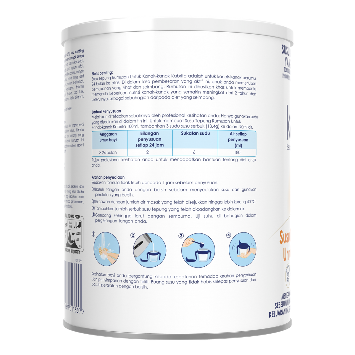Side label of Kabrita Malaysia 24+ months goat milk formula, showing preparation and feeding guidance.
Label sisi rumusan susu kambing Kabrita Malaysia untuk umur 24 bulan ke atas, menunjukkan panduan penyediaan dan pemberian susu.