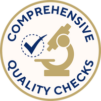 Comprehensive quality checks badge with a microscope and check mark.
Lencana pemeriksaan kualiti menyeluruh dengan mikroskop dan tanda semak.
