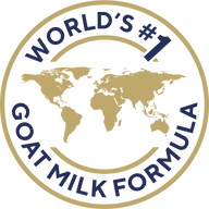 World map badge displaying a number-one goat milk formula claim. Lencana peta dunia yang memaparkan dakwaan rumusan susu kambing nombor satu.