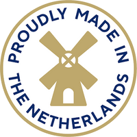 Made in the Netherlands badge with a windmill symbol.
Lencana Buatan Belanda dengan simbol kincir angin.