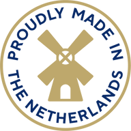 Gold windmill emblem with the words Proudly made in the Netherlands. Lambang kincir angin emas dengan perkataan Proudly made in the Netherlands.